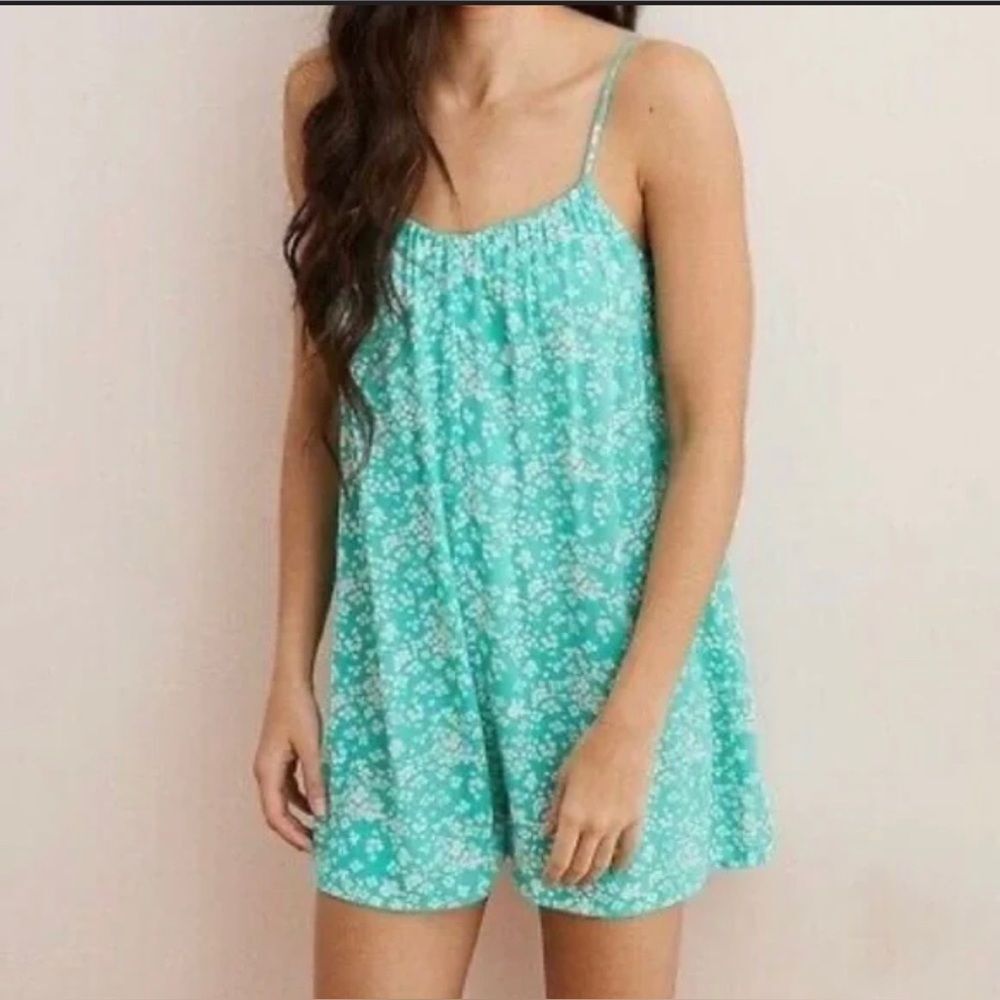 Aerie Teal Floral Spaghetti Strap Romper Beach Vacation Size S